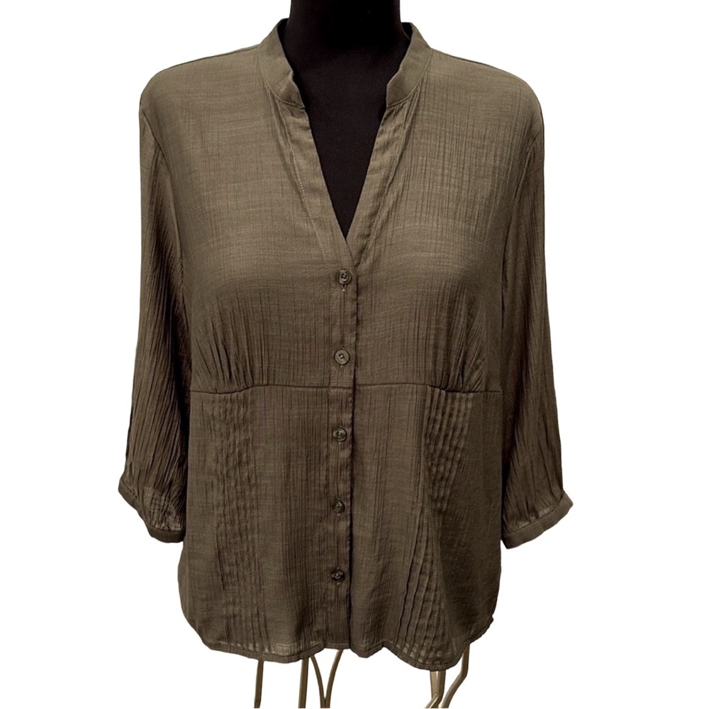 Christopher & Banks Pleated Button-up Semi-Sheer Blouse LG Petite Olive Green